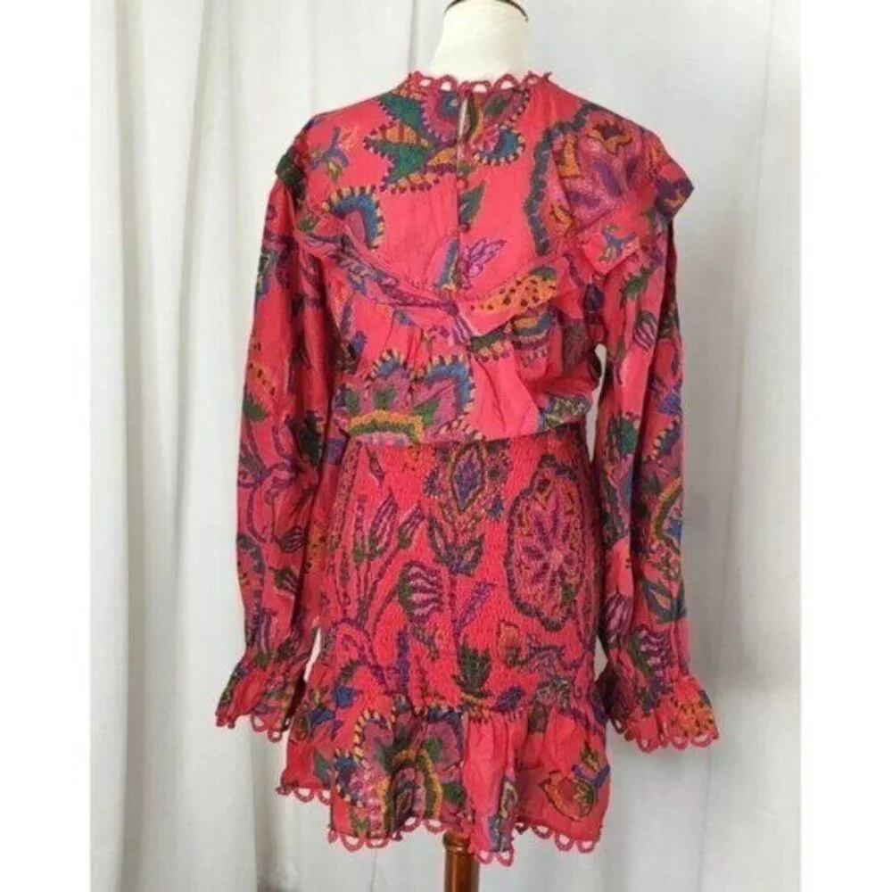FARM Rio Mini Dress M Tapestry Tropical Smocked Ruffle…Blush Pink Sunset - Picture 6 of 16